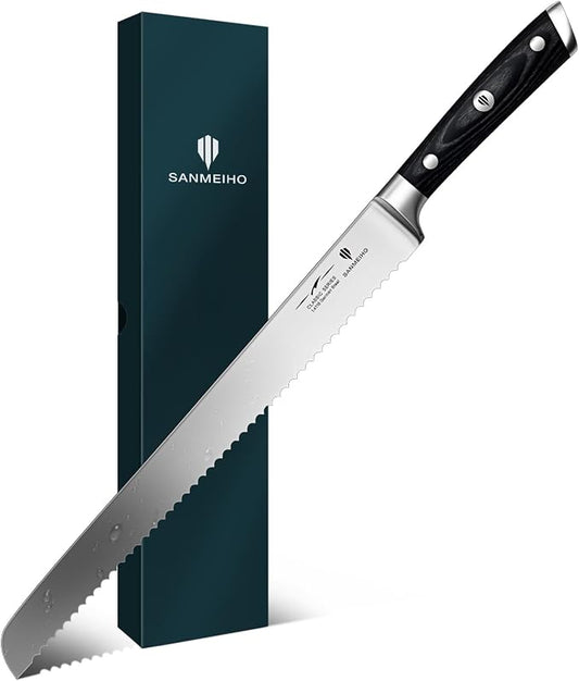 12" Bread Knife - Sourdough Slicing Knife Professional German 5Cr15MoV Stainless Steel Serrated Blade, Ergonomic Wood Handle & Full Tang Design, Gift Box Included (Single-Edge