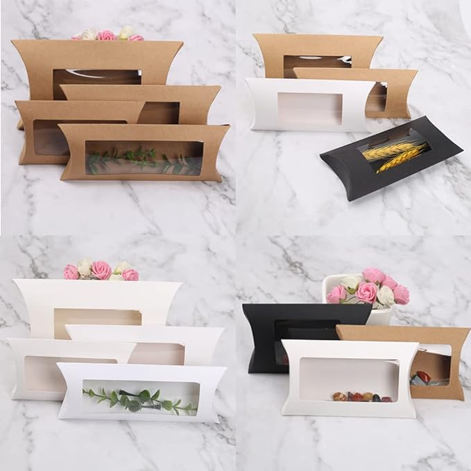 Wzttdm 40pcs White Paper Mini Pillow Packaging Box with Clear Window, Box Treat Gift Packaging Box for Bakery Candy Chocolate Jewelry Display Wedding Party Favor (kraft, 5 x 3 x 0.8 inches)