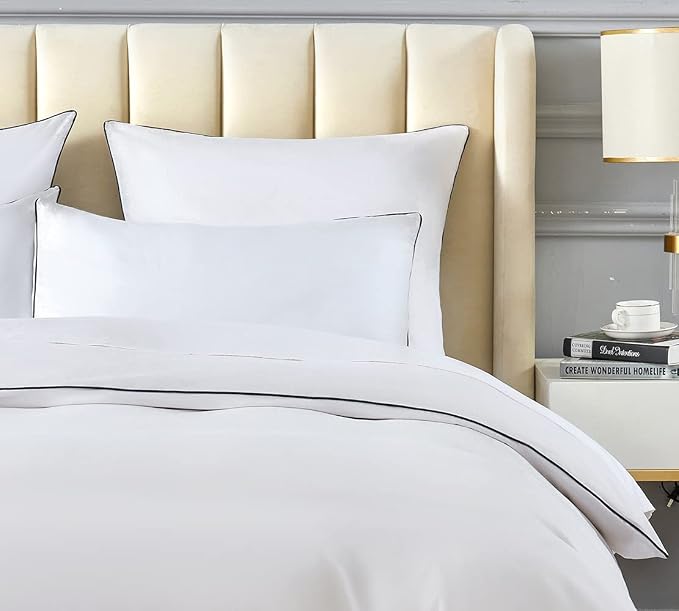 DAUAOTO Duvet Cover Full/Queen Set, White with Contrasted Black Piping Microfiber Bedding, 1 Zipper Closure Cover + 2 Standard Shams