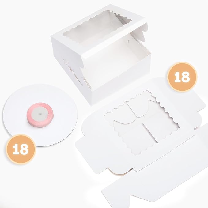 Bakepacker 36pcs 8x8x5 Inches Cake Boxes with Window 18-Packs White 8 Inch Bakery Boxes (18 Cake boxes +18 Cake Boards+10 Meters Silk Ribbon Includes)