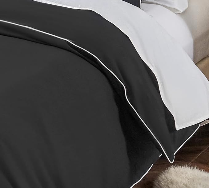 DAUAOTO Twin/Twin XL Bedding Set - 1 Duvet Cover + 1 Pillow Sham, Black with Decorative White Piping, Dorm Microfiber Bedding