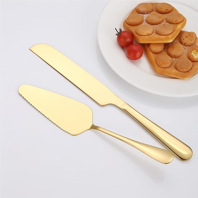 Wedding Cake Knife and Server Set Gold,2Pcs Cake Cutting Set For Wedding 10.63" Cake Cutter And 9.06" Cake Server Perfect For Wedding, Christmas, Birthday and Events,Dishwasher Safe