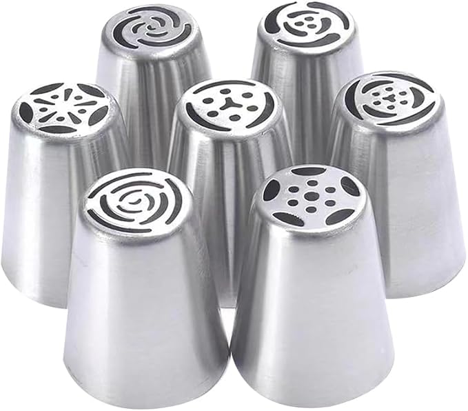 7 Pcs Stainless Steel Russian Piping Nozzles Flower Frosting Nozzles Rose Tulip Icing Piping Tips Cake Decorating Tools