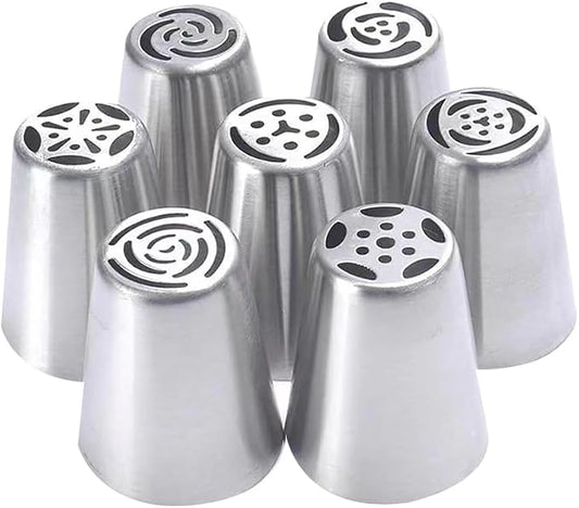 7 Pcs Stainless Steel Russian Piping Nozzles Flower Frosting Nozzles Rose Tulip Icing Piping Tips Cake Decorating Tools