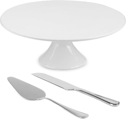 10 Inch White Porcelain Wedding Cake Stand with Knife and Server | Round Cake Plate Display Holder for Birthday, Baby Shower, Party Dessert Cupcake, Home Decorating Stand
