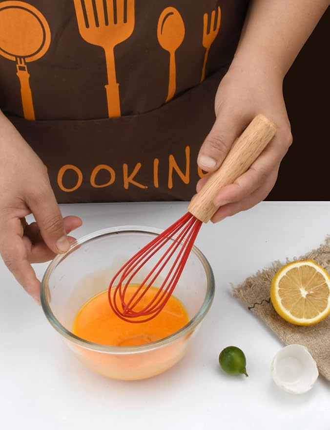 Silicone Whisk (16 Pack), 8-Inch Wooden Handle Balloon Whisk for Non-stick Cookware, Heat-Resistant Non-Scratch Manual Kitchen Egg Beater for Blending, Whisking, Beating, Frothing and Stirring