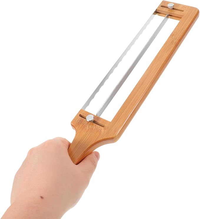 DECHOUS Adjustable Bamboo Bread Slicer with Stainless Serrated Blade and Thickness Guide for Homemade Sourdough Baguettes and Bagels