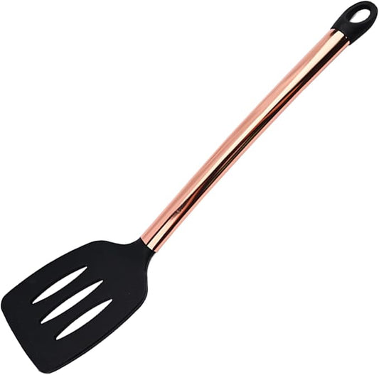 1pc Black & Copper Silicone Slotted Turner with Stainless Steel Handle, Heat Resistant Kitchen Spatulas, Ideal Cookware for Frying, Baking, Flipping, Turning, Fish, Eggs, Meat.