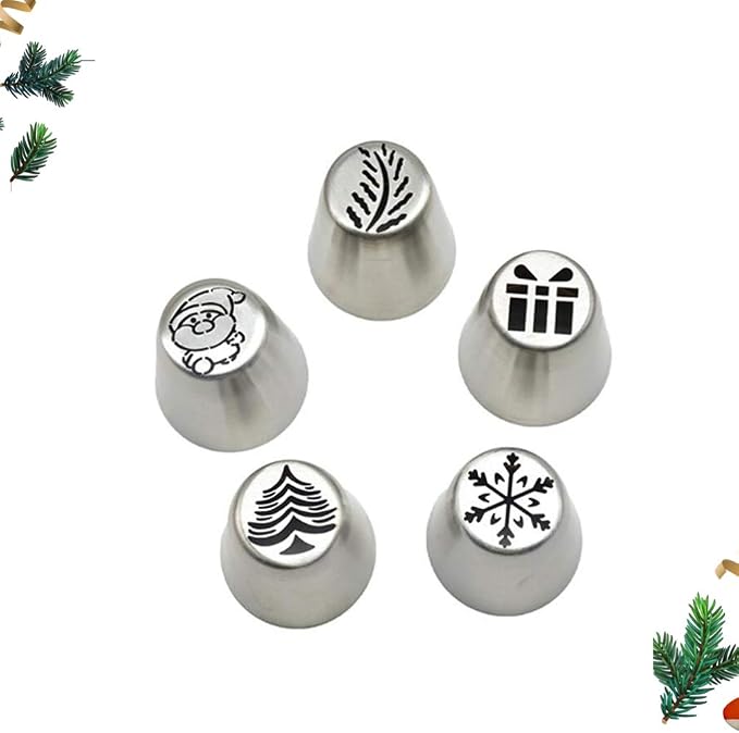 UPKOCH 5 Pcs Snowflake Piping Tips Set - Stainless Steel Russian Piping Tips Holiday Cookie, Cupcake, Cake Decorating - DIY Baking Tools with Christmas Frosting Nozzles