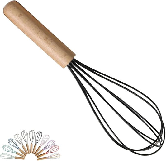 1-Piece Black Silicone Whisk with Wooden Handle BRIIEC 10-inch Non Stick Balloon Whisk Egg Beater for Pancake Batter, Eggs and Egg Whites, Cake Mix, Blending, Gravy and Sauces