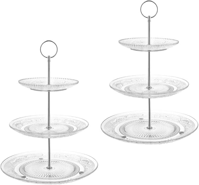 Royalty Art 3-Tiered Serving Stand (Glass) Beautiful, Elegant Dishware Serve Snacks, Appetizers, Cakes, Candies Durable, Reusable Party or Holiday Hosting (Silver) (1) (2)