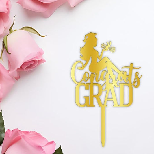 Congrats Grad Cake Topper,2026 Graduation Cake Topper, Congrats Grad Decorations,2026 High School/College/Senior Graduation Party Decorations Supplies. (Acrylic gold)