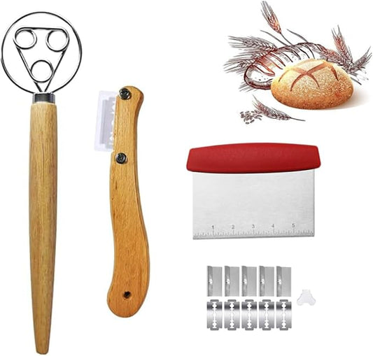 Bread Making Tool Set,Dough Scraper and Bread Scoring Tool for Making Beautiful Bread Tools-Dough Whisk,Dough Scrapers, Bread Lame with 10 Blades Included Replacement (Red)