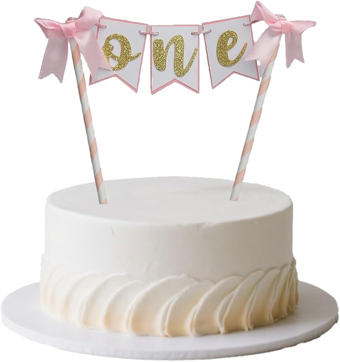 Pink Bow Cake Topper for 1st Birthday Girl, ONE Happy Birthday Banner Decor, Party Supplies for Baby Shower, First Cake Decoration