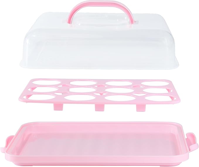 Cake Carrier with Lid, Cake Holder Cupcake Container for 12 Cupcakes 2 in 1 Portable Dessert Container for Pie Muffin Cobbler (Pink)