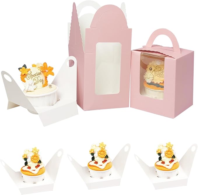 Bakepacker Individual Cupcake Boxes with Window 100 Count Pink Single Cupcakes Box 3.6"X3.6"X4.3" Cupcake Carrier