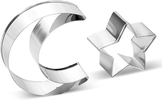 Star Cookie Cutters Set, Stainless Steel Star and Moon Cookie Cutter Shapes, Large Moon Star Shaped Biscuit Molds, Metal Cookie Cutters for Baking Pastry Fondant Ramadan Holiday (2pcs)