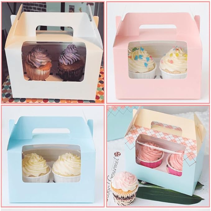 25Pcs Cupcake Containers -2 Holders Individual Cupcake Boxes with Clear Window Inserts and Handle Cupcake Muffins Cupcake Carriers for Birthday Party Wedding Cookies Pastries (White)