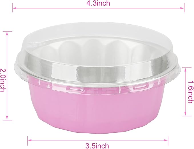 Beasea 8 oz 50 Pack Disposable Ramekins with Lids - Pink Aluminum Foil Cups for Creme Brulee, Muffin, Cupcake, Pudding, Party, Wedding, Birthday Baking