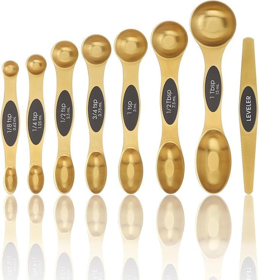 Gold Magnetic Measuring Spoons Set of 8 – Stainless Steel Stackable Dual-Sided Spoons with Leveler, Fits Spice Jars, Baking & Cooking Kitchen Tools
