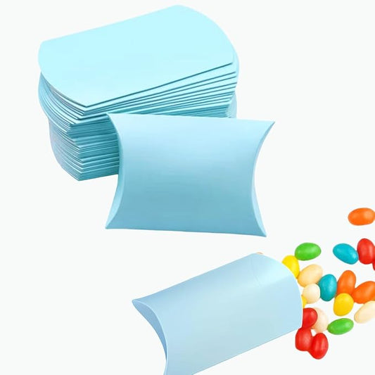 50 Pcs Kraft Paper Pillow Gift Boxes,3.5x2.6 Inch Mini Folding Treat Boxes, Creative Favor Box Folding Treat Boxes for Bakery, Candy, Jewelry, Wedding & Party Favors(Light blue)