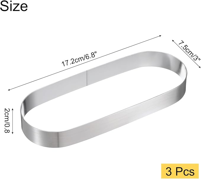 uxcell 3pcs Oval Cake Rings 6.8 x 3 Inch Stainless Steel Cake Pastry Molds Nonstick Baking Ring for Cake Dessert Molding, Mousse Pastries Making, Silver Tone
