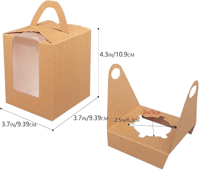 Bakepacker Auto-pop up Individual Cupcake Boxes with Window 200 Count Brown 3.6"X3.6"X4.3", for Cake, Treat Cookie Dessert, Pastry, Birthday Party, Weddings