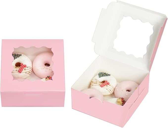 Bakepacker 60pcs Pink Cookie Boxes 6x6x3 inches Easy Assemble Macaroon Pastry Boxes Bakery Boxes with Window for Bakery