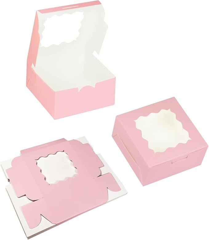 Bakepacker 60pcs Pink Cookie Boxes 6x6x3 inches Easy Assemble Macaroon Pastry Boxes Bakery Boxes with Window for Bakery