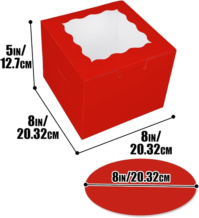 Bakepacker Red 8x8x5 Inches 36pcs Cake Boxes with Window 18-Packs Red 8 Inch Bakery Boxes (18 Cake Boxes +18 Cake Boards Included)