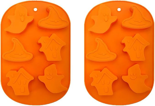 6 Cavities Silicone Cookies Biscuit Mold, Christmas Halloween Candy Mold, Reusable DIY Baking Mold Jelly Chocolate Mold, Ice Cube Tray Wax Melt Molds(Set of 2 Orange Ghost)