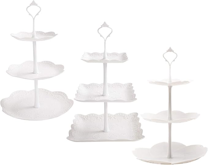Tosnail 3 Pack 3 Tiers White Plastic Cupcake Stand Dessert Stand Tiered Serving Trays - Round, Square, Flower