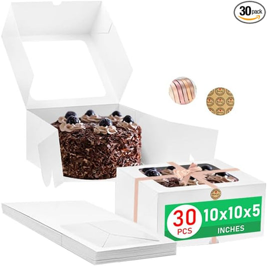 30 Pcs Cake Boxes 10 Inch with Window Clear Bakery Dessert Box Square White Large Disposable Pie Boxes Package for Bake Goods Paper Pastry Packaging Donut Delivery Box