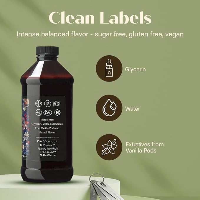 Natural Vanilla Alcohol‑Free Flavor, 16 fl oz - Madagascar Bourbon vanilla, 100% natural, sugar‑free, GMO‑free, gluten‑free, vegan, paleo, keto, kosher, and halal