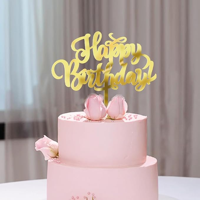 Sleyberoy Happy Birthday Cake Topper-Golden Acrylic Happy Birthday Cake Decor， Anniversary/Birthday Party Cake Decor (Acrylic gold)