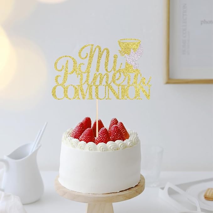 Gold Glitter Mi Primera Comunion Cake Topper, Spanish Baby First Baptism Cake Decor, First Communion/God Bless/Baby Shower Party Decorations Supplies