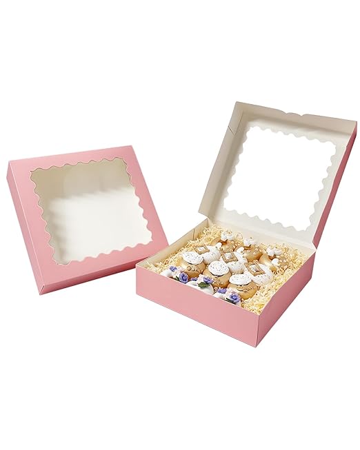 Bakepacker 20pcs Pink Pie Boxes 12x12x3 inches Easy Assemble Macaroon Cookie Boxes Bakery Boxes with Window for Bakery (Auto-pop Up)