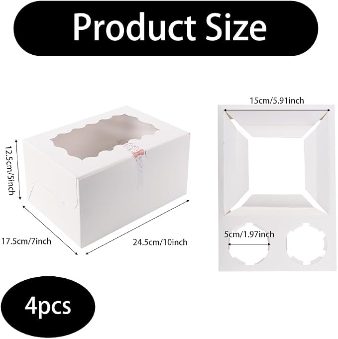 Cupcake Box Combo with Clear Window 4Sets Bento Cake Box with Cupcakes, 2 Cupcakes and 1 small Cake for Birthday Party Holiday Bakery Supplies(White/clear, 1+2/4pcs)