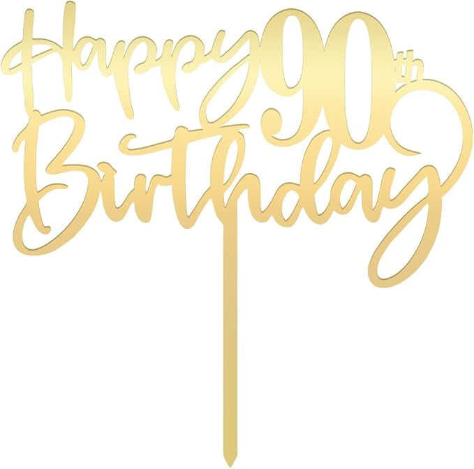 Happy 90th birthday cake Topper,Mirrored Gold Acrylic Durable Cake Topper,90th Birthday Party Cake Decorations,Hello 90th years old, Happy ninety years old, Birthday Party Decorations