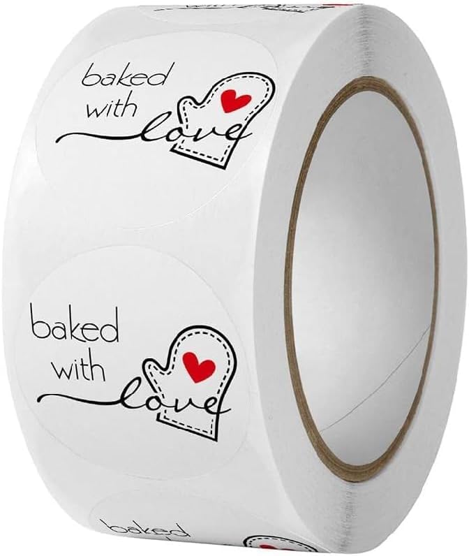JJLFresheners 500Pcs/Roll White Baked with Love Adhesive Stickers, Round Baking Stickers, Bakery Bags Candle Packaging Sticker Labels
