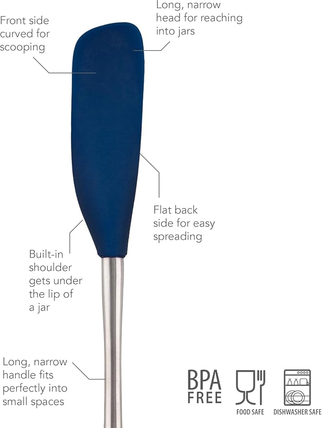 Tovolo Jar Spatula Silicone Long Stainless Steel Handle Scraper Spatula Deep Indigo, Jar Scraper Heat Resistant Dishwasher Safe BPA Free Kitchen Utensil for Scraping Spreading Jelly Peanut Butter
