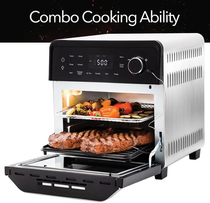 Nuwave Smart Air Fryer Oven with POWERPORT™ Plug-In Grill for Dual-Zone Efficient Cook, 100 in 1 Advanced Convection Toaster Oven Countertop w/Insulated 2-Glass Door, 450°F Preheat, Stainless Steel