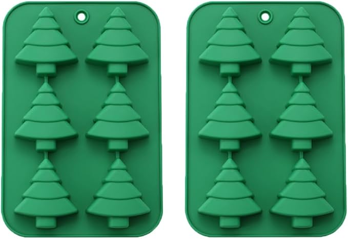 6 Cavities Silicone Cookies Biscuit Mold, Christmas Halloween Candy Mold, Reusable DIY Baking Mold Jelly Chocolate Mold, Ice Cube Tray Wax Melt Molds(Set of 2 Green Christmas Trees)