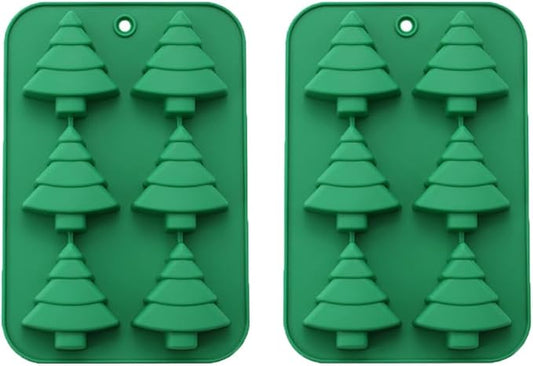 6 Cavities Silicone Cookies Biscuit Mold, Christmas Halloween Candy Mold, Reusable DIY Baking Mold Jelly Chocolate Mold, Ice Cube Tray Wax Melt Molds(Set of 2 Green Christmas Trees)