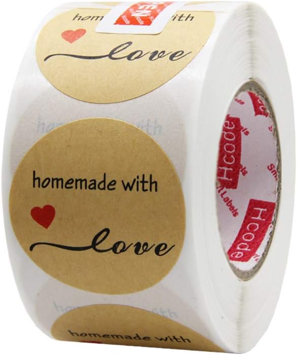 Hcode 500 Natural Kraft Paper Round Homemade with Love Stickers with Red Heart 1.5 Inch Adhesive Label (1 roll, Homemade with Love)
