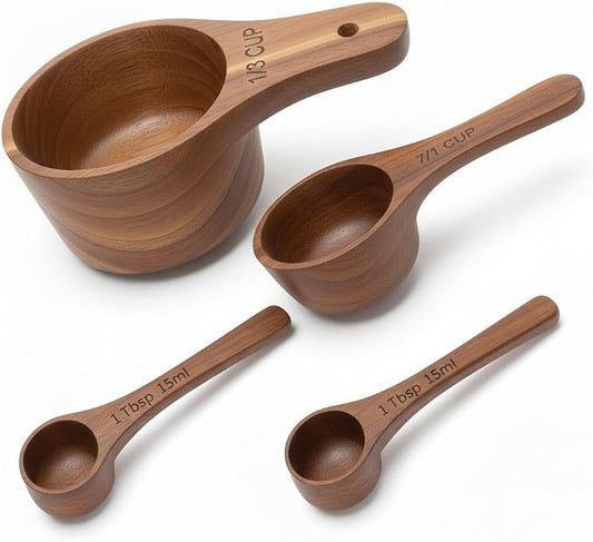 Wooden Measuring Cups and Spoons Set - Eco-Friendly Solid Acacia Wood, Laser Engraved Measurements, Perfect for Baking & Cooking - Ideal for Bakers (4-Pc Small Acacia Measuring Cups)