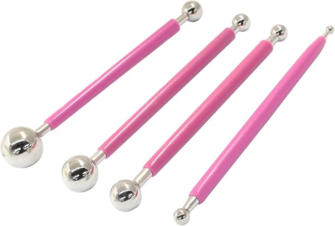 4Pcs Pink Ball Shaped Cake Dotting Tool, 8 Head Fondant Ball Tool Stainless Steel Modeling Ball Tool, Metal Ball Mold Tool for Cake Decoration, Sculpting, DIY