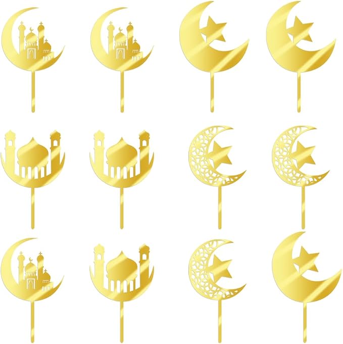 12 piece Acrylic gold Glitter Moon and Star Eid Mubarak cake Topper Ramadan Party Supplies Islamic Muslim Party Decorations