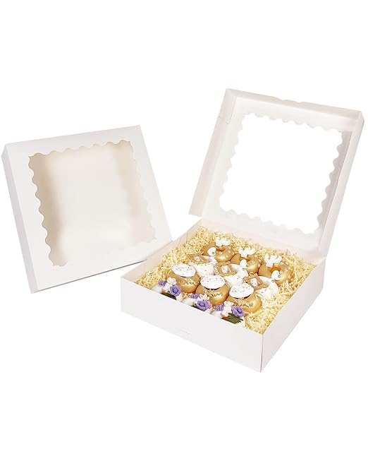 Bakepacker 20pcs White Pie Boxes 12x12x3 inches Easy Assemble Macaroon Cookie Boxes Bakery Boxes with Window for Bakery (Auto-pop Up)