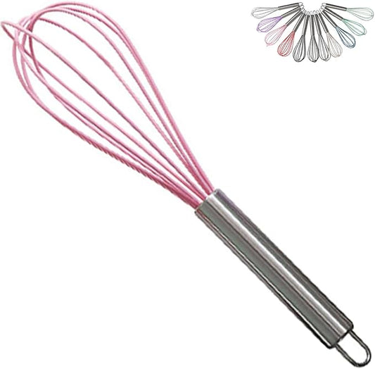 1-Piece Pink Silicone Whisk with Stainless Steel Handle BRIIEC 10-inch Egg Beater Milk Beater Balloon Whisk Manual Baking Tool for Blending Stirring Whisking and Beating